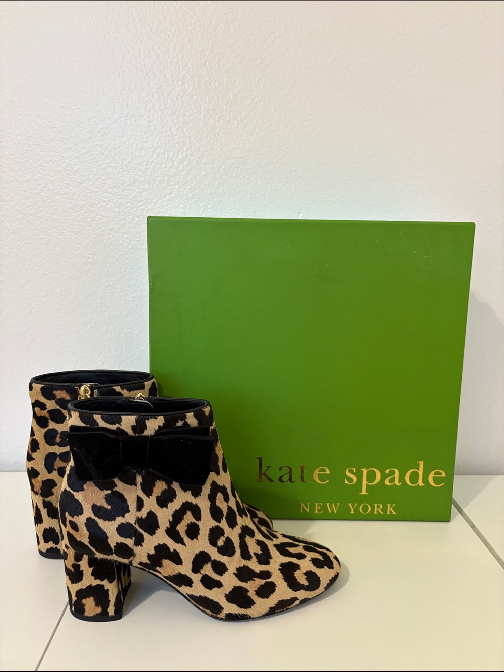 kate spade Holly Leopard Print Haircalf Bow Ankle Booties - Tan & Black